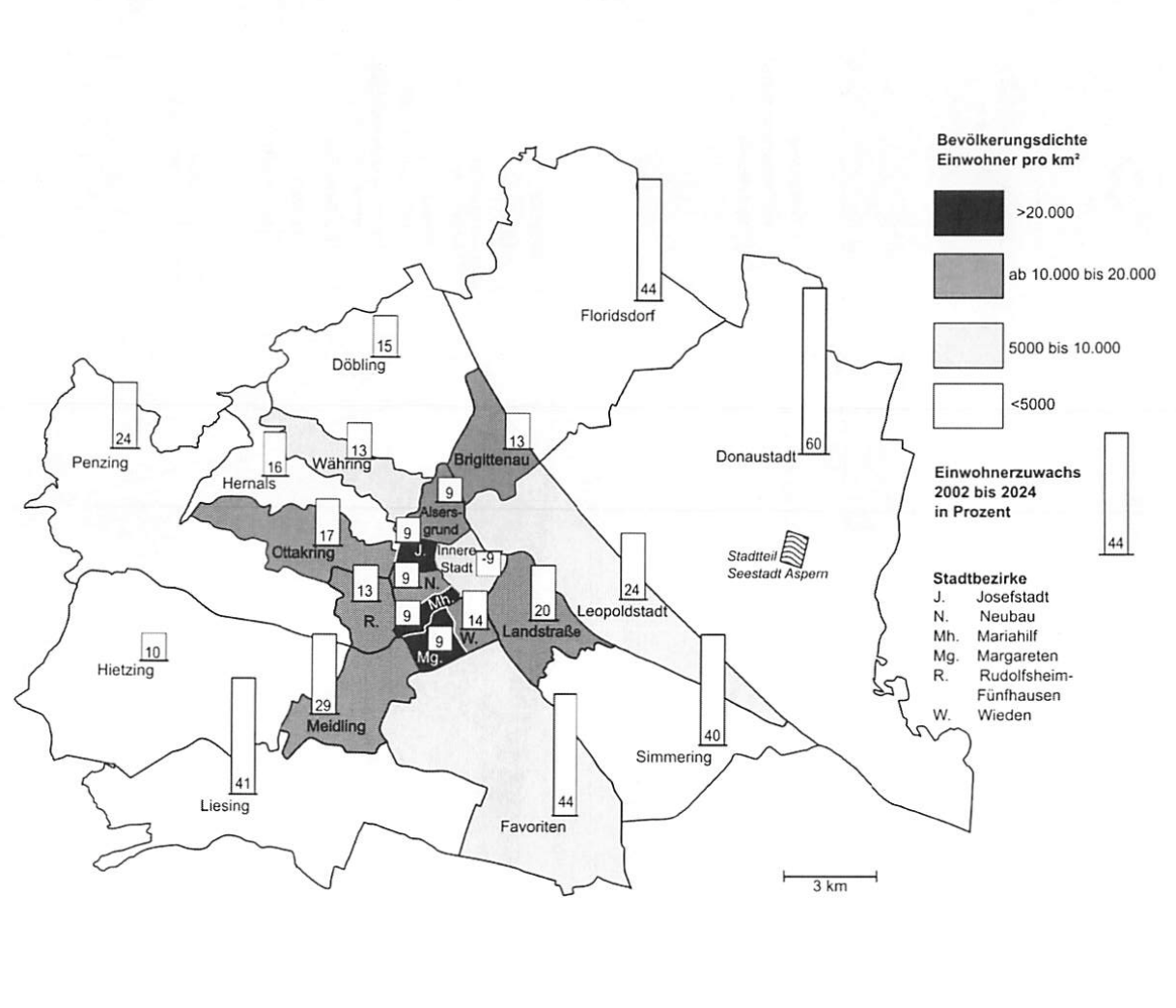 Karte der Wiener Gemeindebezirke mit Bevölkerungsdichte und Einwohnerzuwachs.